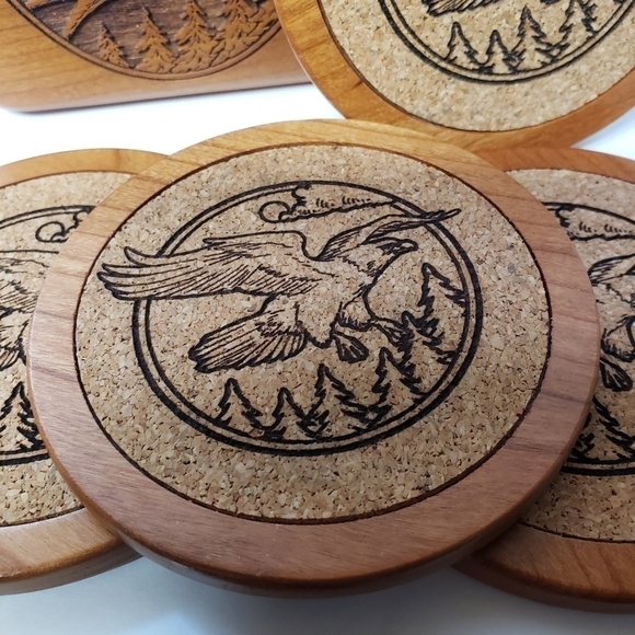 Eagle Coaster Set 4 Wilderness Wood Laser Cut Etched With Lined Box - Picture 3 of 8